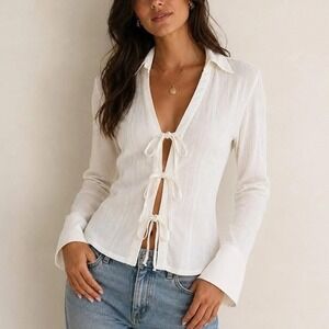 Porridge Clothing Womens XL White Ribbed Tie Front Long Sleeve Blouse V-Neck Top
